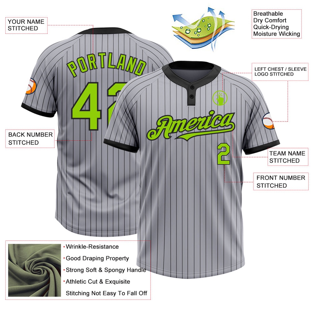 Gray Black Pinstripe Neon Green Two Button Unisex Softball Jersey, Custom Team Softball Jersey Gray Black Pinstripe Neon Green Two Button Unisex Softball Jersey, Custom Team Softball Jersey