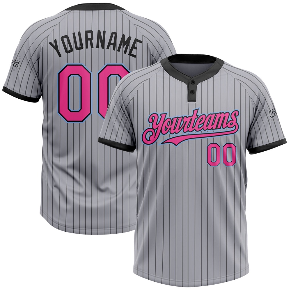 Gray Black Pinstripe Pink Light Blue Two Button Unisex Softball Jersey, Custom Team Softball Jersey Gray Black Pinstripe Pink Light Blue Two Button Unisex Softball Jersey, Custom Team Softball Jersey