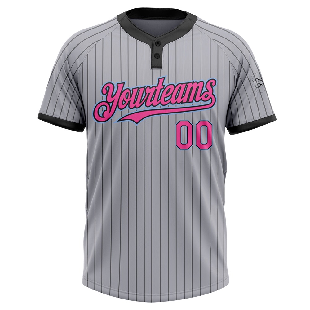 Gray Black Pinstripe Pink Light Blue Two Button Unisex Softball Jersey, Custom Team Softball Jersey Gray Black Pinstripe Pink Light Blue Two Button Unisex Softball Jersey, Custom Team Softball Jersey