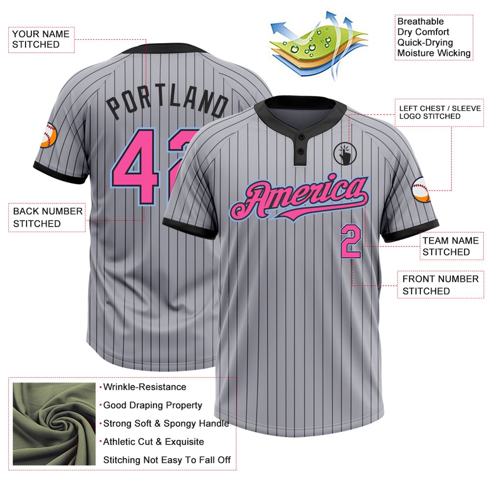 Gray Black Pinstripe Pink Light Blue Two Button Unisex Softball Jersey, Custom Team Softball Jersey Gray Black Pinstripe Pink Light Blue Two Button Unisex Softball Jersey, Custom Team Softball Jersey