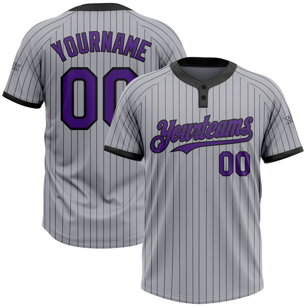 Gray Black Pinstripe Purple Two Button Unisex Softball Jersey, Custom Team Softball Jersey Gray Black Pinstripe Purple Two Button Unisex Softball Jersey, Custom Team Softball Jersey