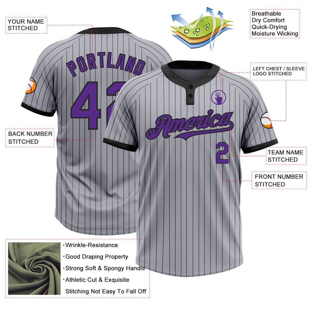 Gray Black Pinstripe Purple Two Button Unisex Softball Jersey, Custom Team Softball Jersey Gray Black Pinstripe Purple Two Button Unisex Softball Jersey, Custom Team Softball Jersey