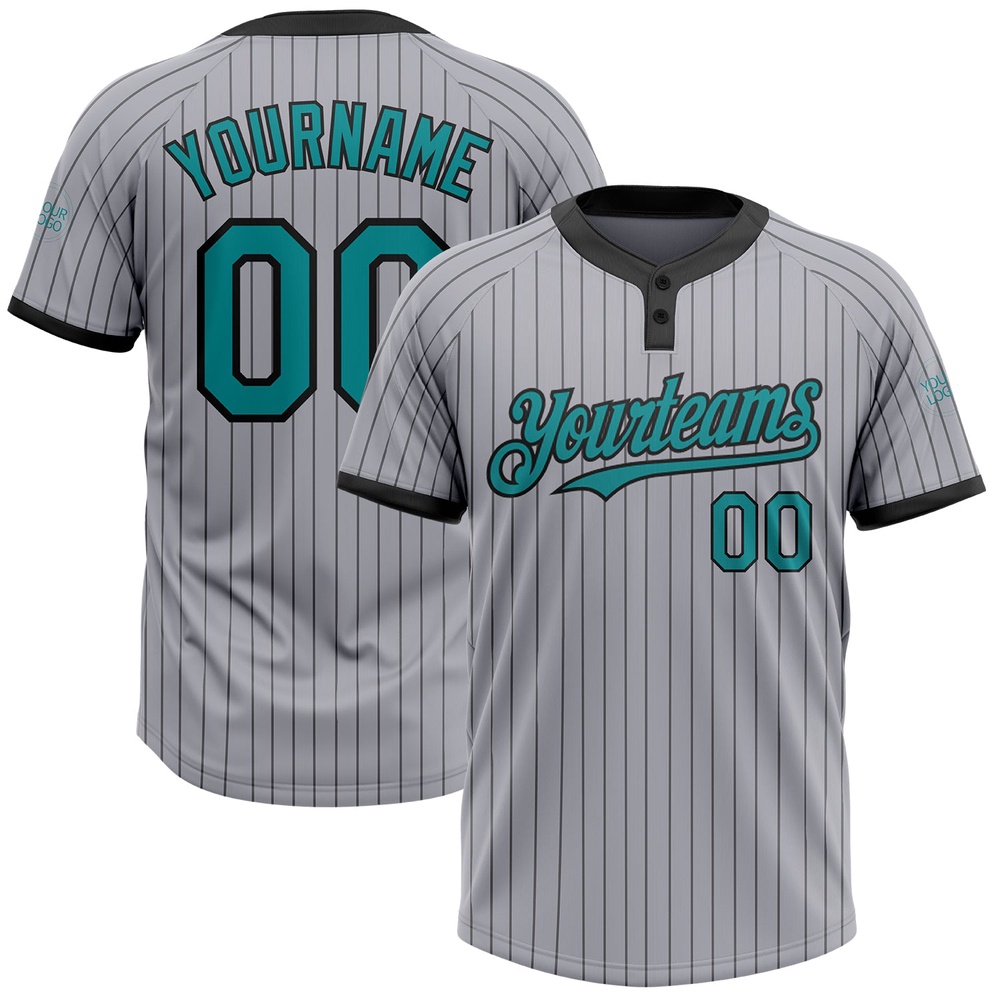 Gray Black Pinstripe Teal Two Button Unisex Softball Jersey, Custom Team Softball Jersey Gray Black Pinstripe Teal Two Button Unisex Softball Jersey, Custom Team Softball Jersey