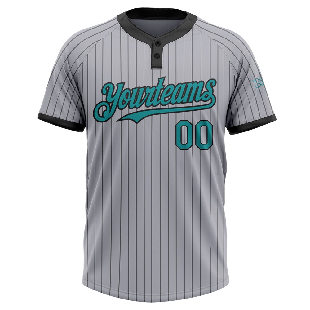 Gray Black Pinstripe Teal Two Button Unisex Softball Jersey, Custom Team Softball Jersey Gray Black Pinstripe Teal Two Button Unisex Softball Jersey, Custom Team Softball Jersey