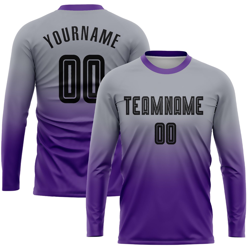 Gray Black Purple Sublimation Long Sleeve Fade Fashion Soccer Uniform Jersey, Custom Team Soccer Jersey Shirt Gray Black Purple Sublimation Long Sleeve Fade Fashion Soccer Uniform Jersey, Custom Team Soccer Jersey Shirt