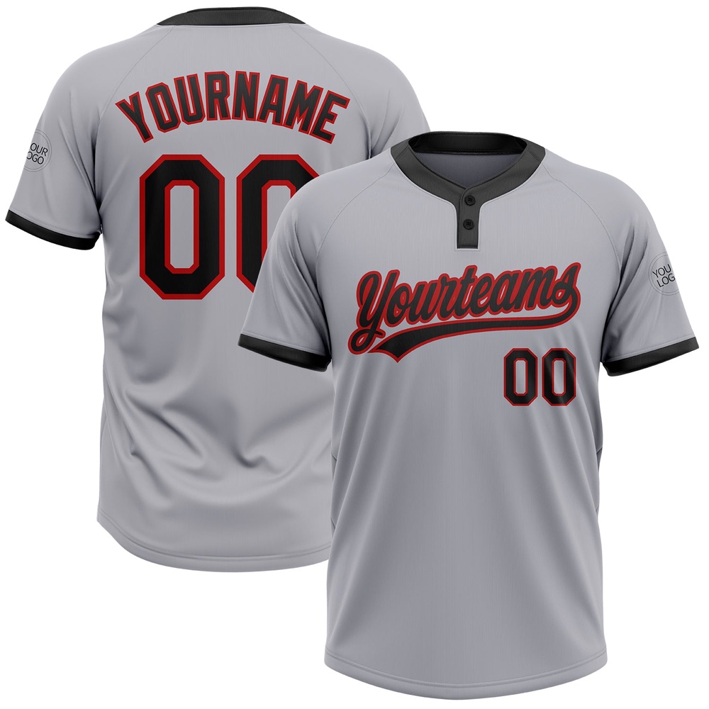 Gray Black Red Two Button Unisex Softball Jersey, Custom Team Softball Jersey Gray Black Red Two Button Unisex Softball Jersey, Custom Team Softball Jersey