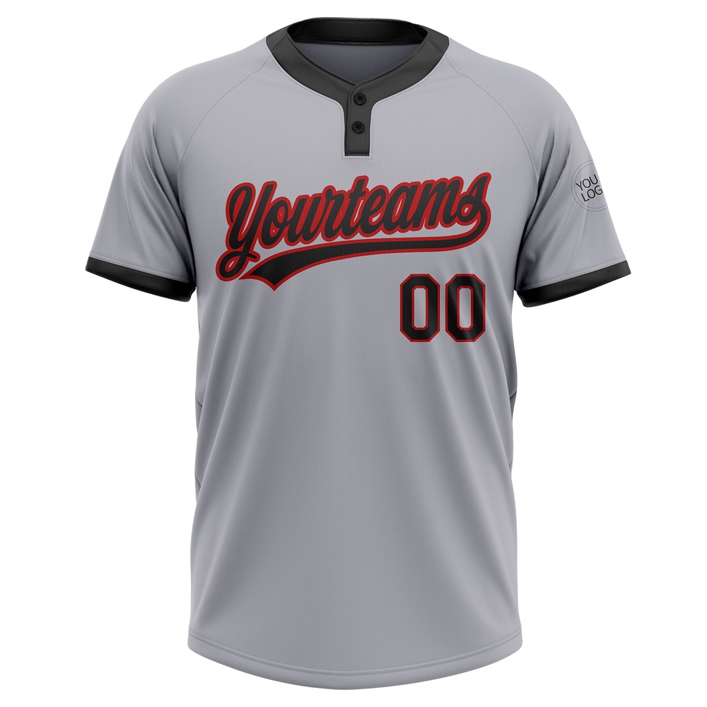 Gray Black Red Two Button Unisex Softball Jersey, Custom Team Softball Jersey Gray Black Red Two Button Unisex Softball Jersey, Custom Team Softball Jersey