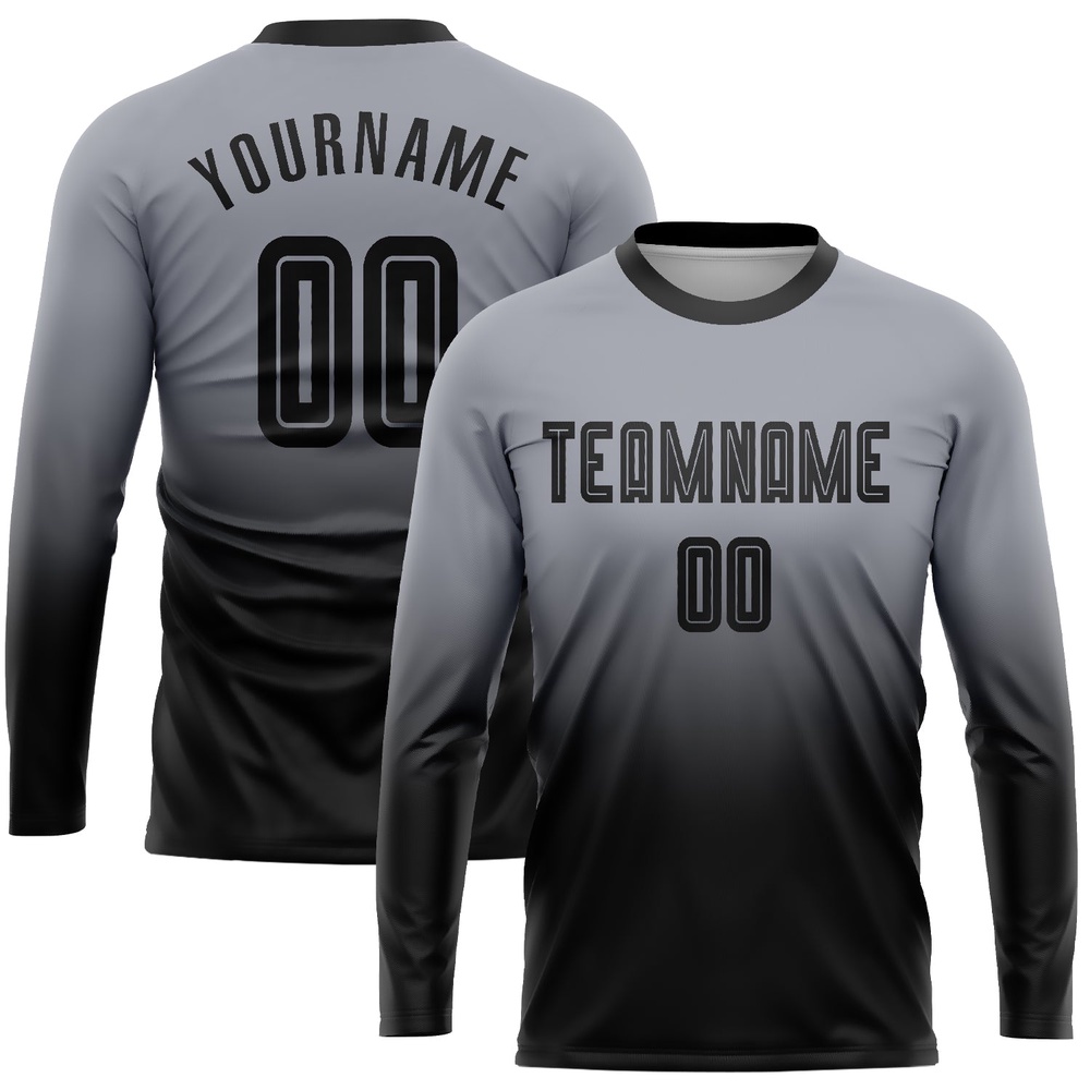 Gray Black Sublimation Long Sleeve Fade Fashion Soccer Uniform Jersey, Custom Team Soccer Jersey Shirt