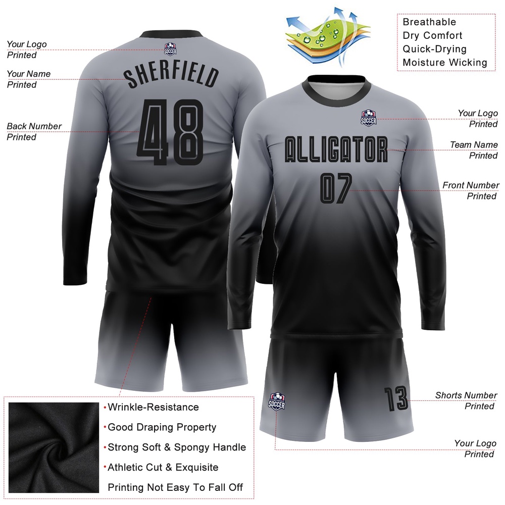 Gray Black Sublimation Long Sleeve Fade Fashion Soccer Uniform Jersey, Custom Team Soccer Jersey Shirt