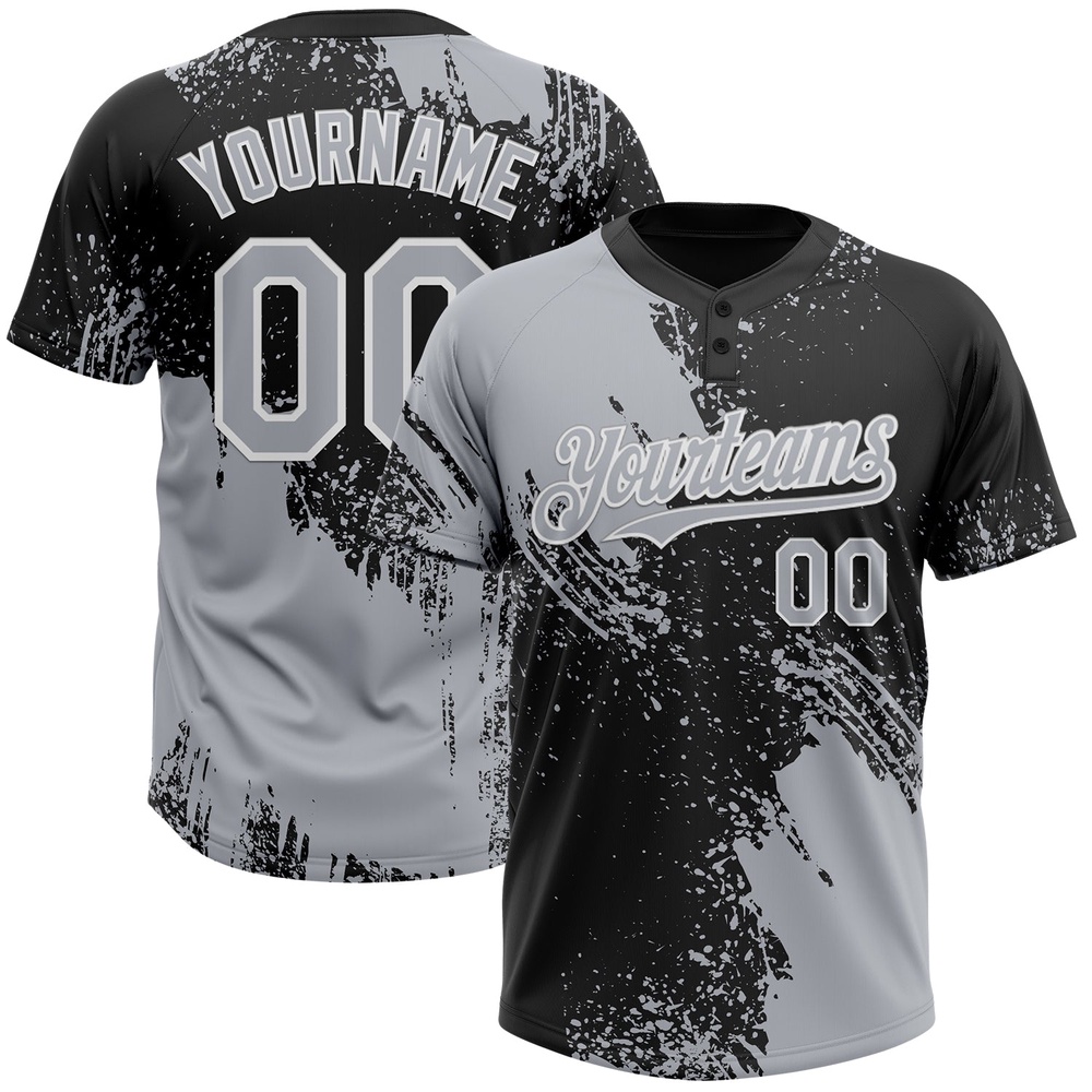 Gray Black White 3D Pattern Abstract Brush Stroke Two Button Unisex Softball Jersey, Custom Team Softball Jersey Gray Black White 3D Pattern Abstract Brush Stroke Two Button Unisex Softball Jersey, Custom Team Softball Jersey