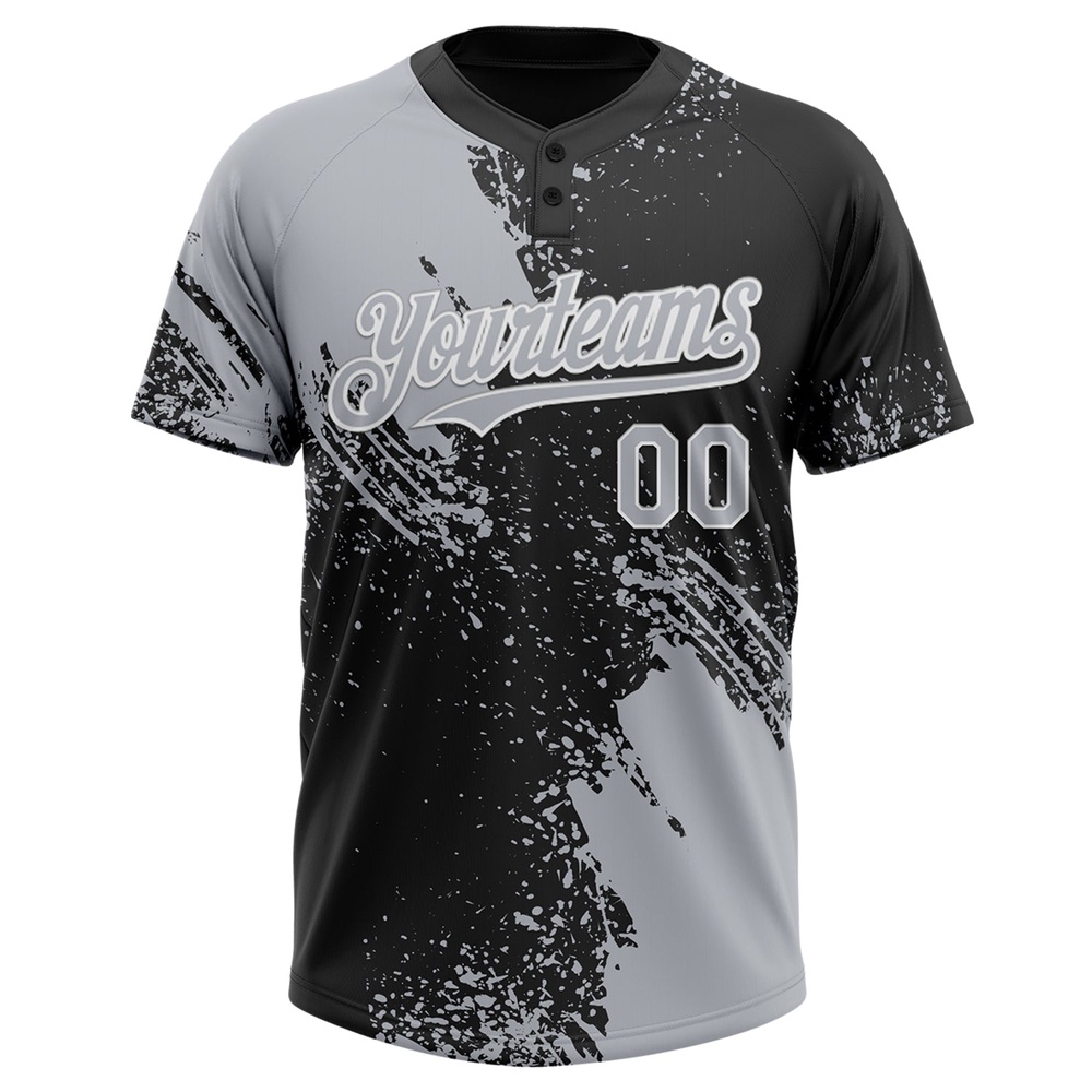 Gray Black White 3D Pattern Abstract Brush Stroke Two Button Unisex Softball Jersey, Custom Team Softball Jersey Gray Black White 3D Pattern Abstract Brush Stroke Two Button Unisex Softball Jersey, Custom Team Softball Jersey