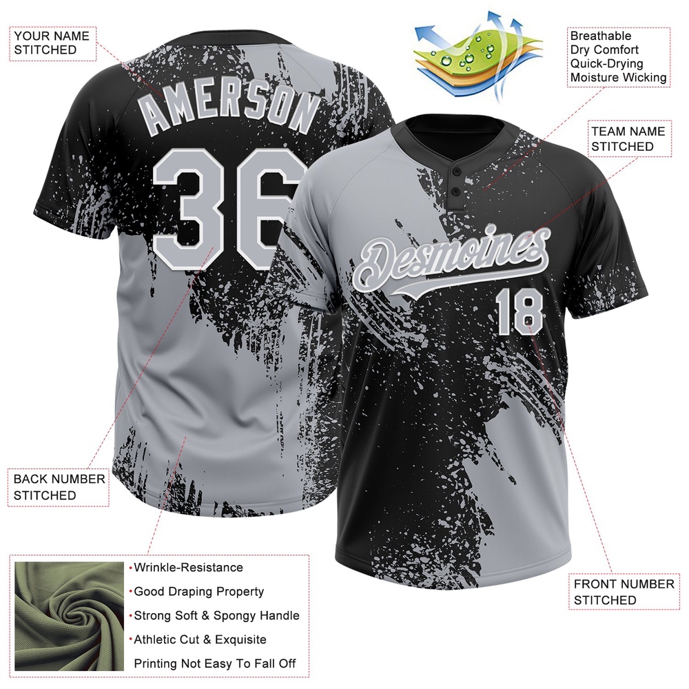 Gray Black White 3D Pattern Abstract Brush Stroke Two Button Unisex Softball Jersey, Custom Team Softball Jersey Gray Black White 3D Pattern Abstract Brush Stroke Two Button Unisex Softball Jersey, Custom Team Softball Jersey