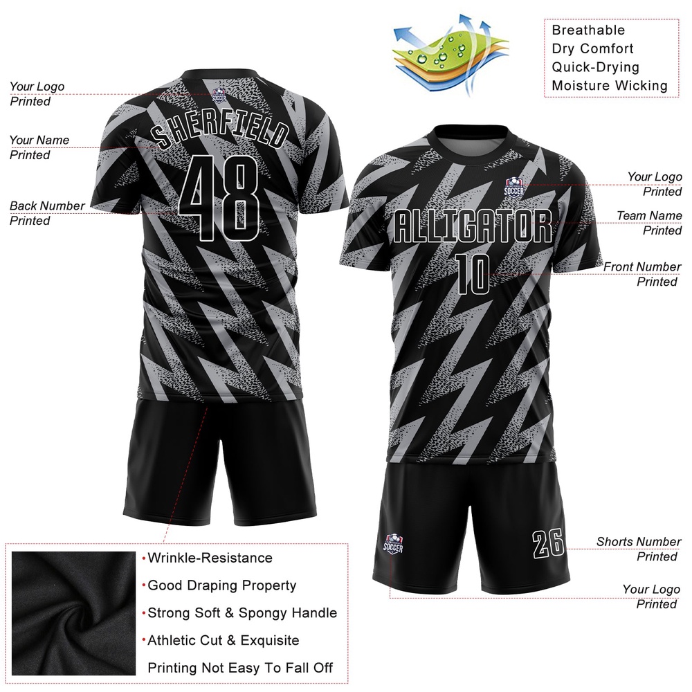 Gray Black White Sublimation Soccer Uniform Jersey, Custom Team Soccer Jersey Shirt Gray Black White Sublimation Soccer Uniform Jersey, Custom Team Soccer Jersey Shirt