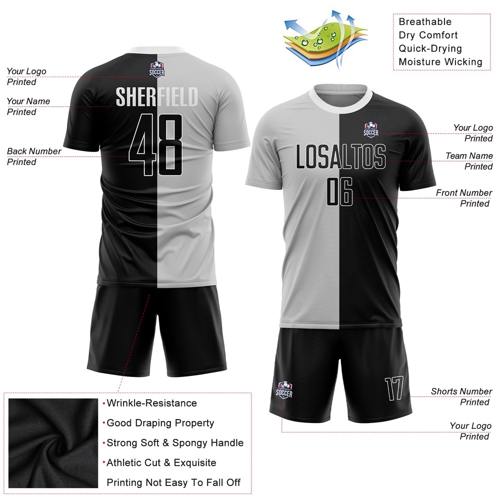 Gray Black White Sublimation Split Fashion Soccer Uniform Jersey, Custom Team Soccer Jersey Shirt Gray Black White Sublimation Split Fashion Soccer Uniform Jersey, Custom Team Soccer Jersey Shirt