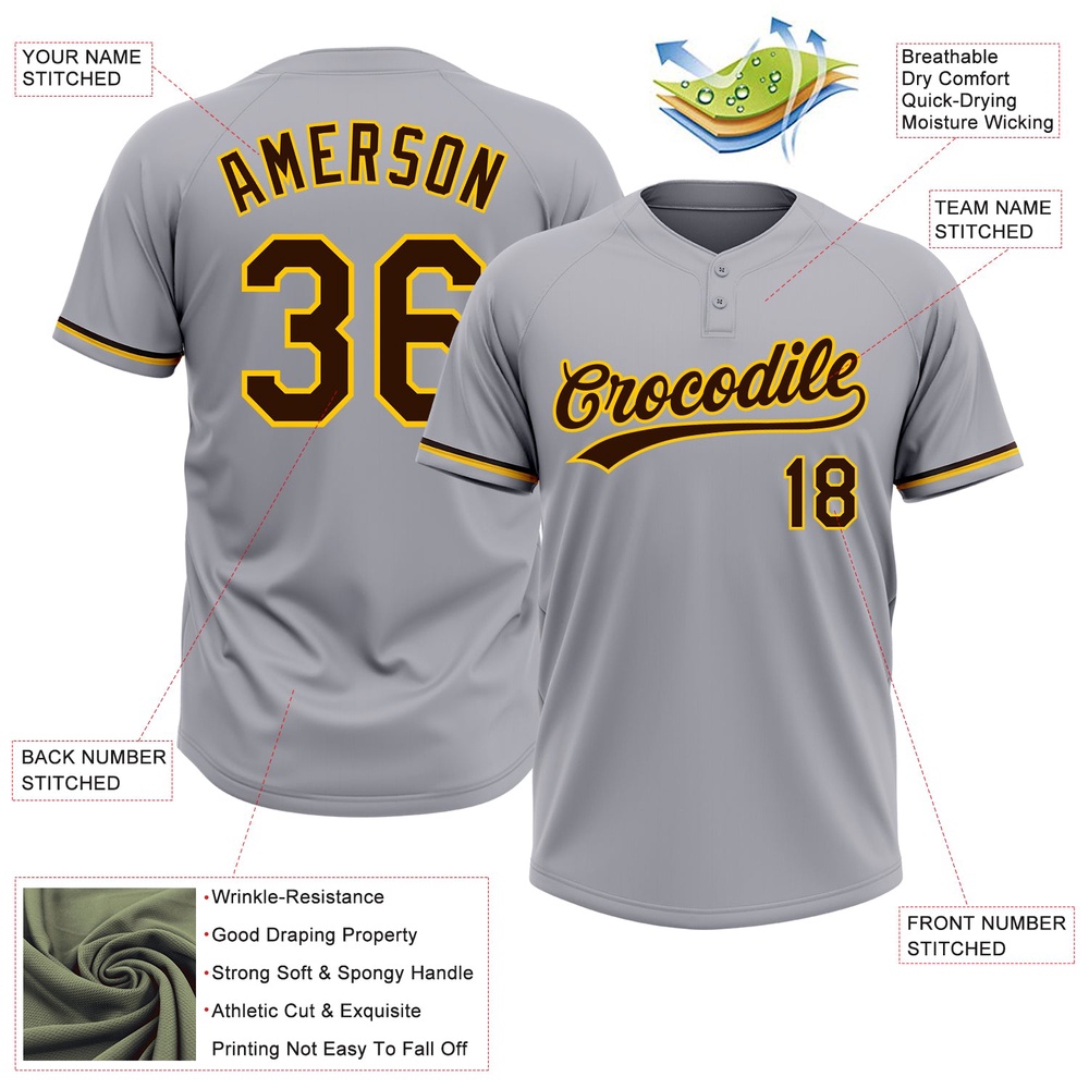 Gray Brown Yellow Two Button Unisex Softball Jersey, Custom Team Softball Jersey