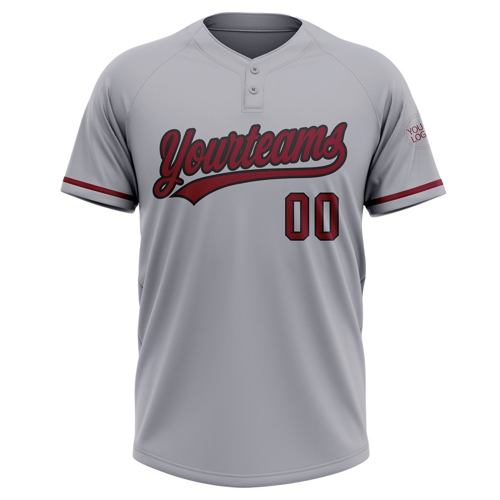 Gray Crimson Black Two Button Unisex Softball Jersey, Custom Team Softball Jersey