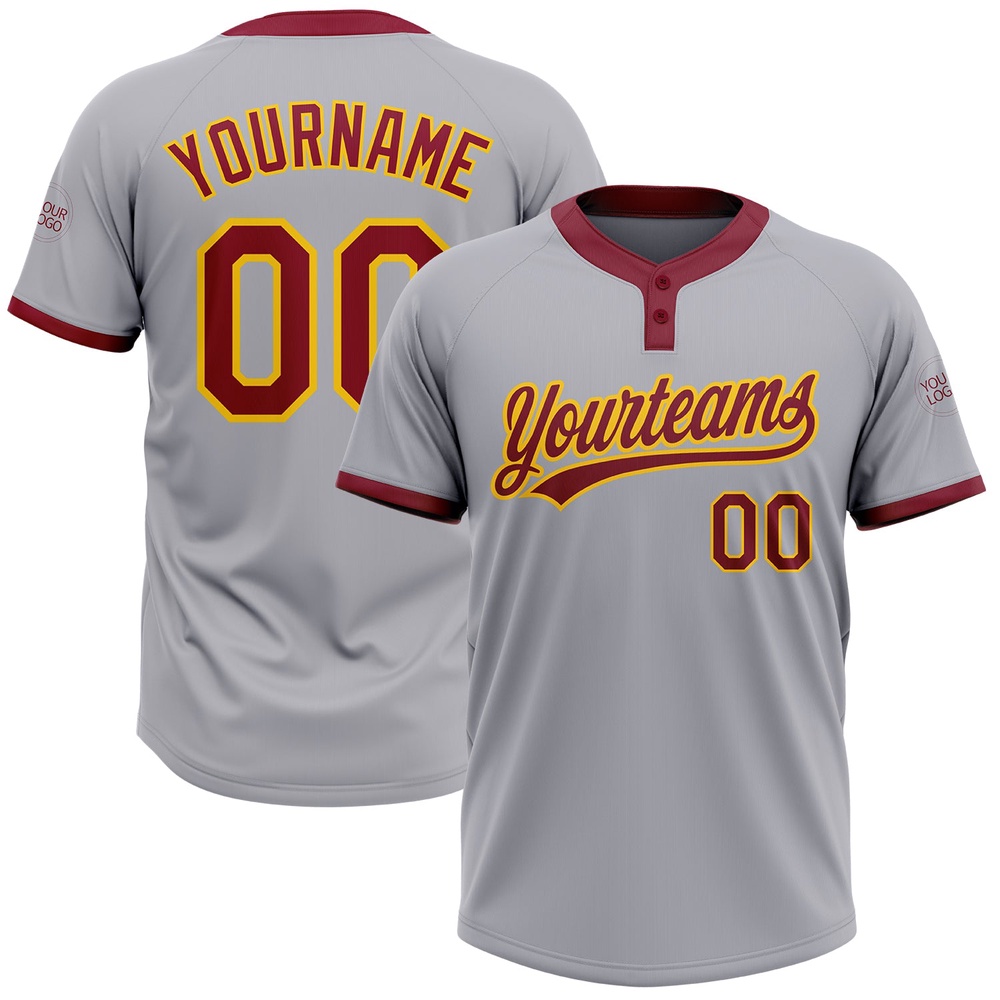 Gray Crimson Gold Two Button Unisex Softball Jersey, Custom Team Softball Jersey