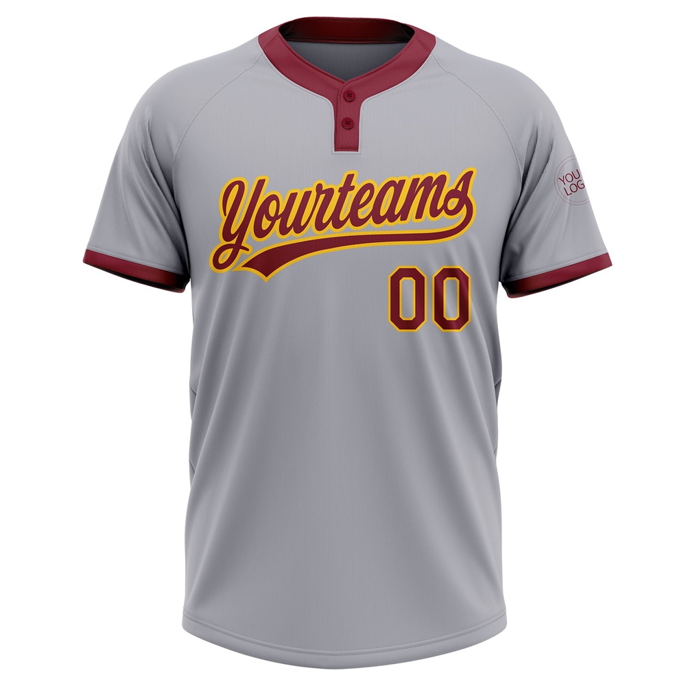 Gray Crimson Gold Two Button Unisex Softball Jersey, Custom Team Softball Jersey