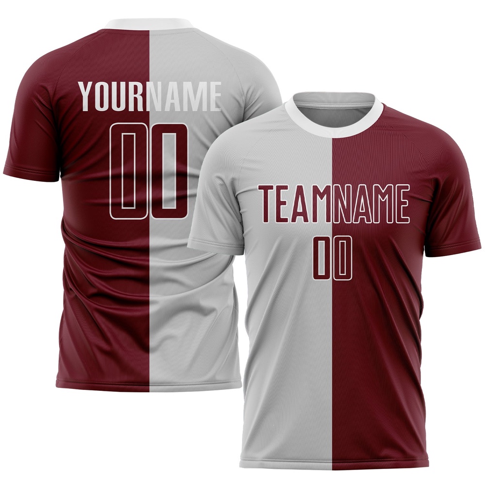 Gray Crimson White Sublimation Split Fashion Soccer Uniform Jersey, Custom Team Soccer Jersey Shirt Gray Crimson White Sublimation Split Fashion Soccer Uniform Jersey, Custom Team Soccer Jersey Shirt