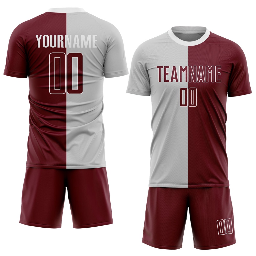 Gray Crimson White Sublimation Split Fashion Soccer Uniform Jersey, Custom Team Soccer Jersey Shirt Gray Crimson White Sublimation Split Fashion Soccer Uniform Jersey, Custom Team Soccer Jersey Shirt