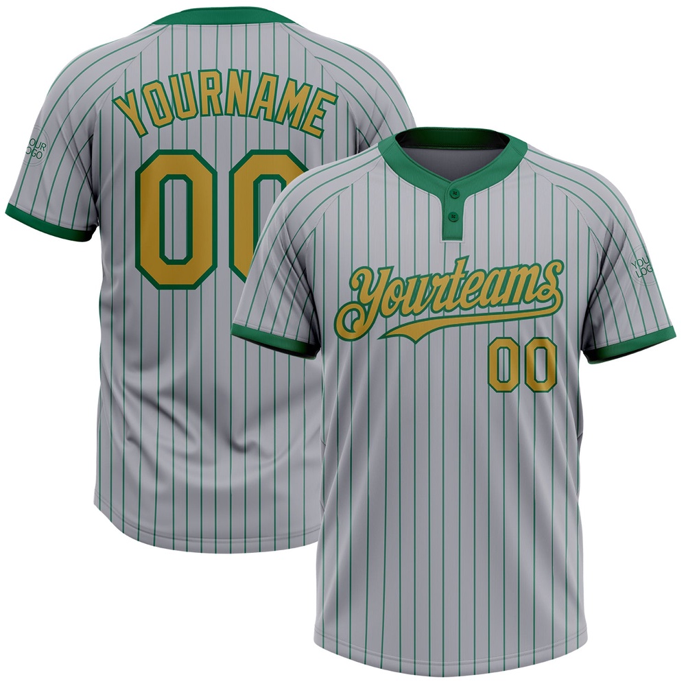 Gray Kelly Green Pinstripe Old Gold Two Button Unisex Softball Jersey, Custom Team Softball Jersey Gray Kelly Green Pinstripe Old Gold Two Button Unisex Softball Jersey, Custom Team Softball Jersey