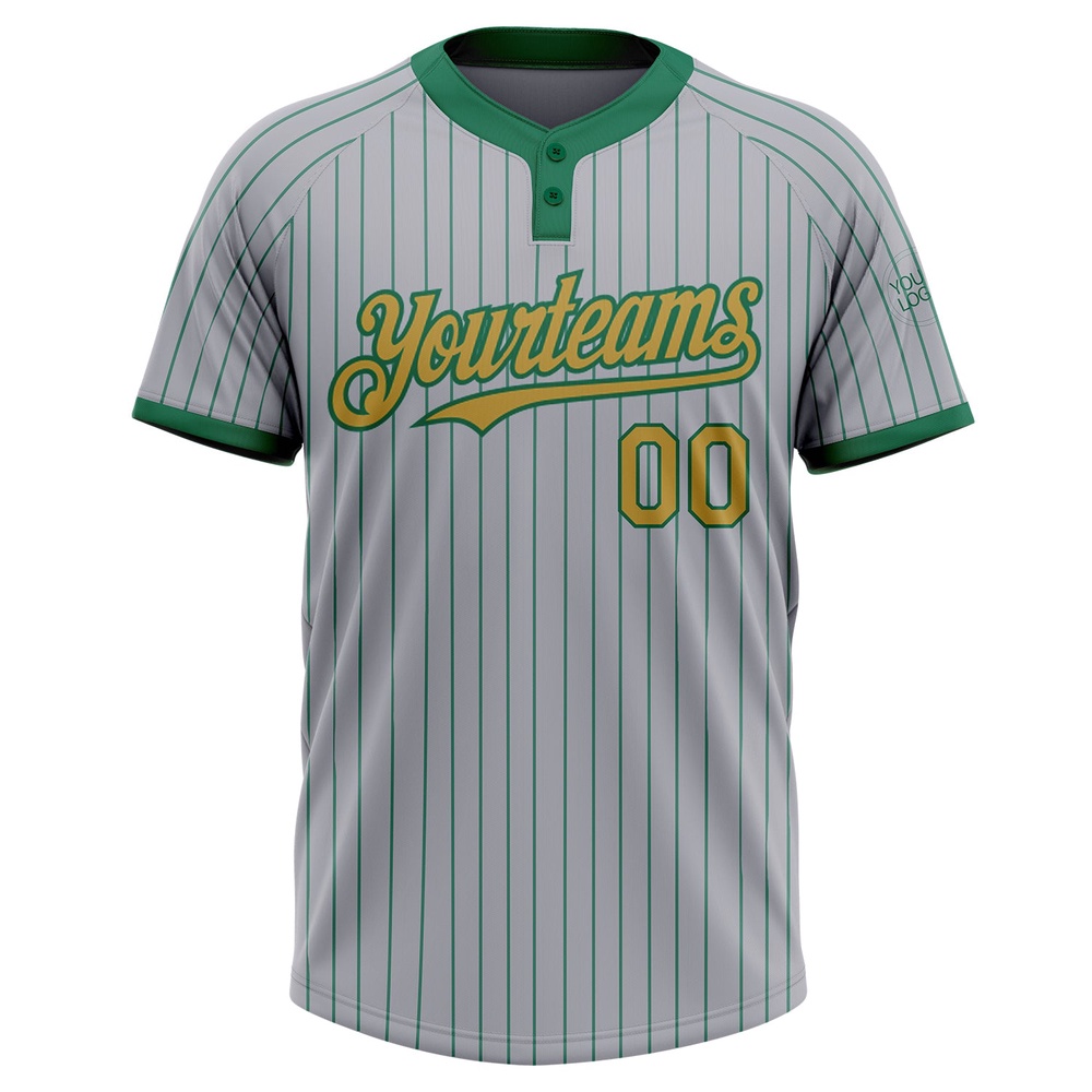 Gray Kelly Green Pinstripe Old Gold Two Button Unisex Softball Jersey, Custom Team Softball Jersey Gray Kelly Green Pinstripe Old Gold Two Button Unisex Softball Jersey, Custom Team Softball Jersey