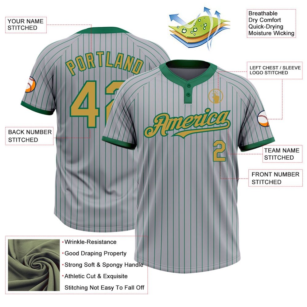 Gray Kelly Green Pinstripe Old Gold Two Button Unisex Softball Jersey, Custom Team Softball Jersey Gray Kelly Green Pinstripe Old Gold Two Button Unisex Softball Jersey, Custom Team Softball Jersey