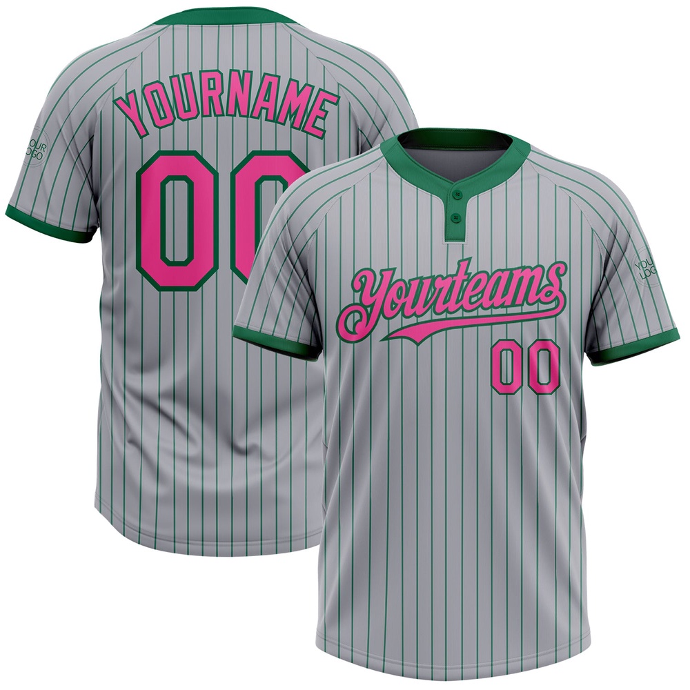Gray Kelly Green Pinstripe Pink Two Button Unisex Softball Jersey, Custom Team Softball Jersey Gray Kelly Green Pinstripe Pink Two Button Unisex Softball Jersey, Custom Team Softball Jersey