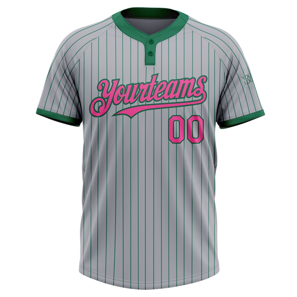 Gray Kelly Green Pinstripe Pink Two Button Unisex Softball Jersey, Custom Team Softball Jersey Gray Kelly Green Pinstripe Pink Two Button Unisex Softball Jersey, Custom Team Softball Jersey