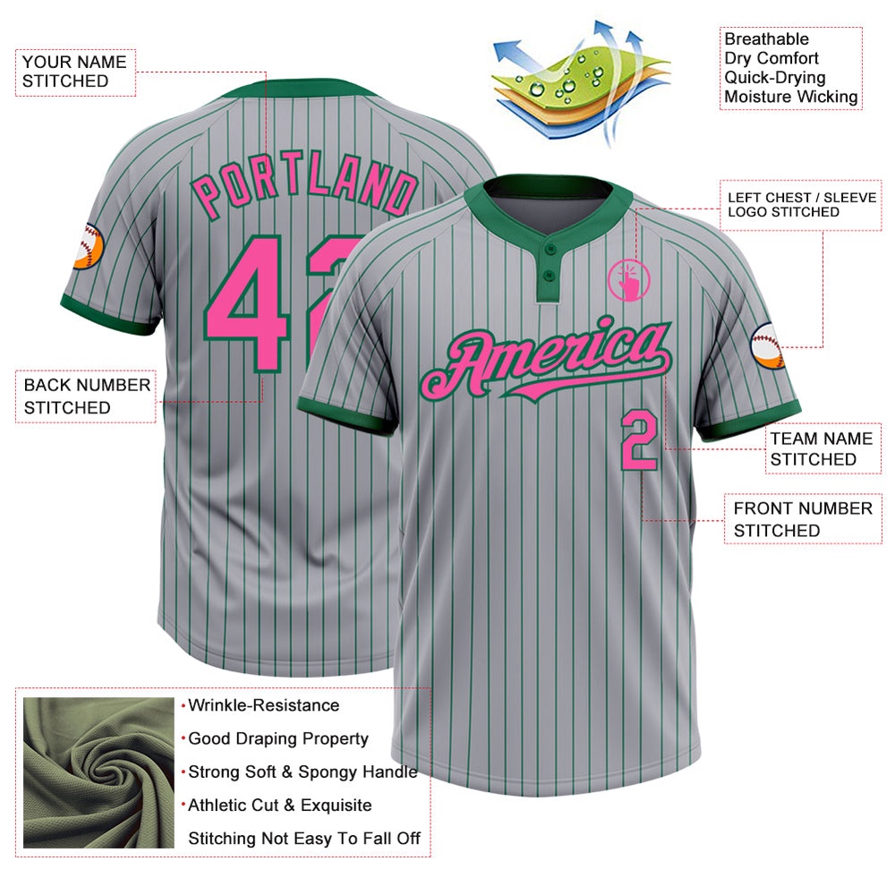 Gray Kelly Green Pinstripe Pink Two Button Unisex Softball Jersey, Custom Team Softball Jersey Gray Kelly Green Pinstripe Pink Two Button Unisex Softball Jersey, Custom Team Softball Jersey