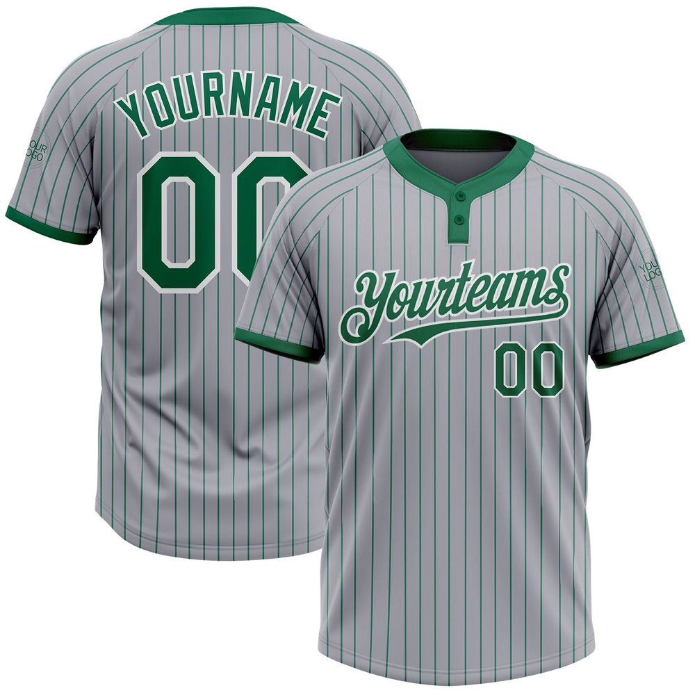 Gray Kelly Green Pinstripe White Two Button Unisex Softball Jersey, Custom Team Softball Jersey Gray Kelly Green Pinstripe White Two Button Unisex Softball Jersey, Custom Team Softball Jersey