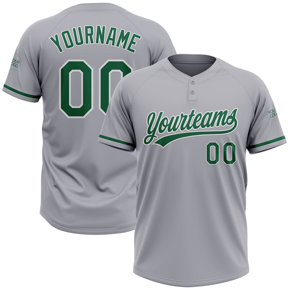 Gray Kelly Green White Two Button Unisex Softball Jersey, Custom Team Softball Jersey Gray Kelly Green White Two Button Unisex Softball Jersey, Custom Team Softball Jersey