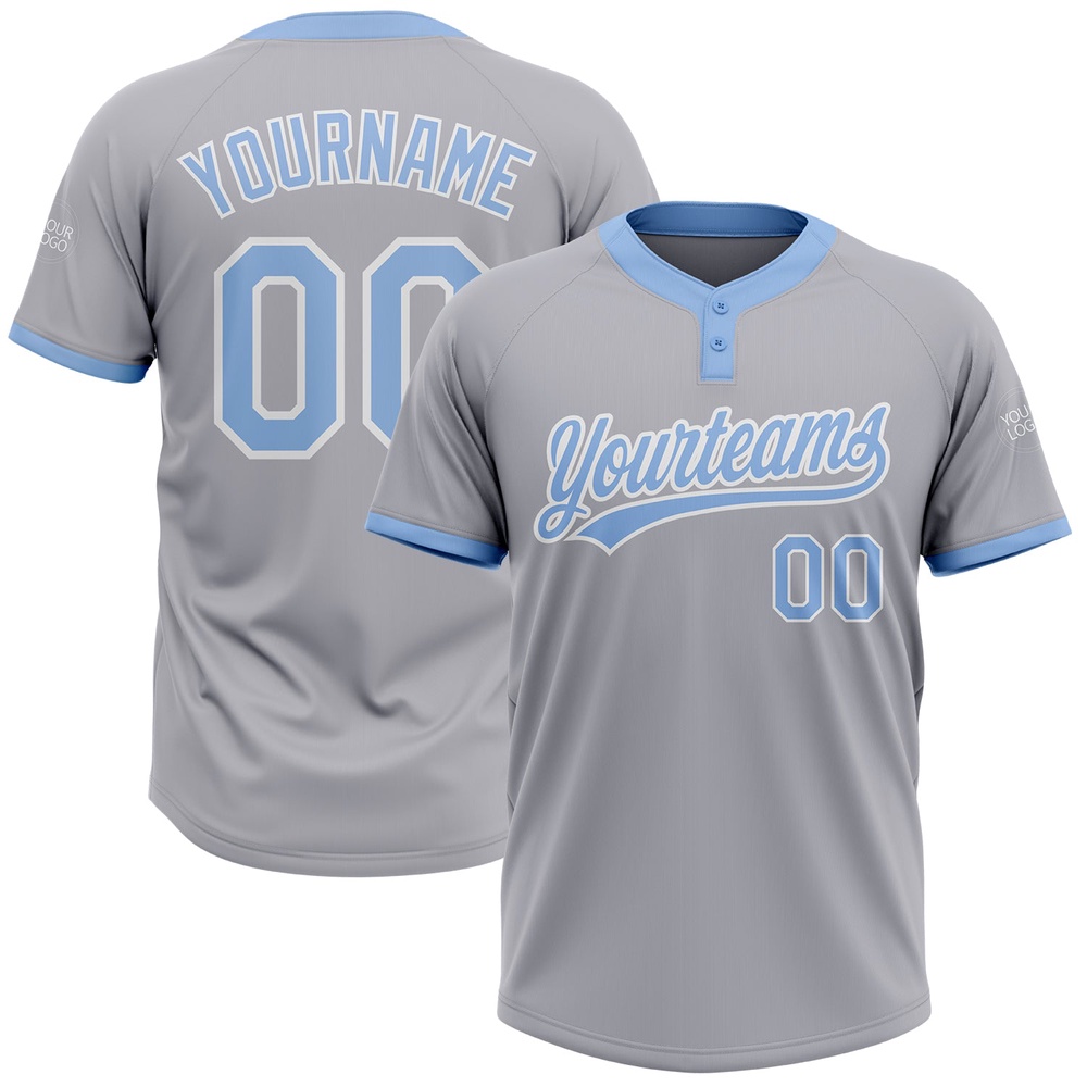 Gray Light Blue White Two Button Unisex Softball Jersey, Custom Team Softball Jersey Gray Light Blue White Two Button Unisex Softball Jersey, Custom Team Softball Jersey