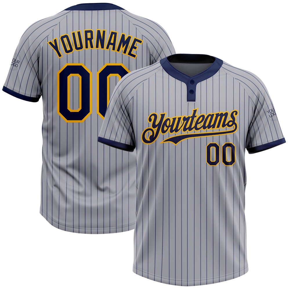 Gray Navy Pinstripe Gold Two Button Unisex Softball Jersey, Custom Team Softball Jersey Gray Navy Pinstripe Gold Two Button Unisex Softball Jersey, Custom Team Softball Jersey