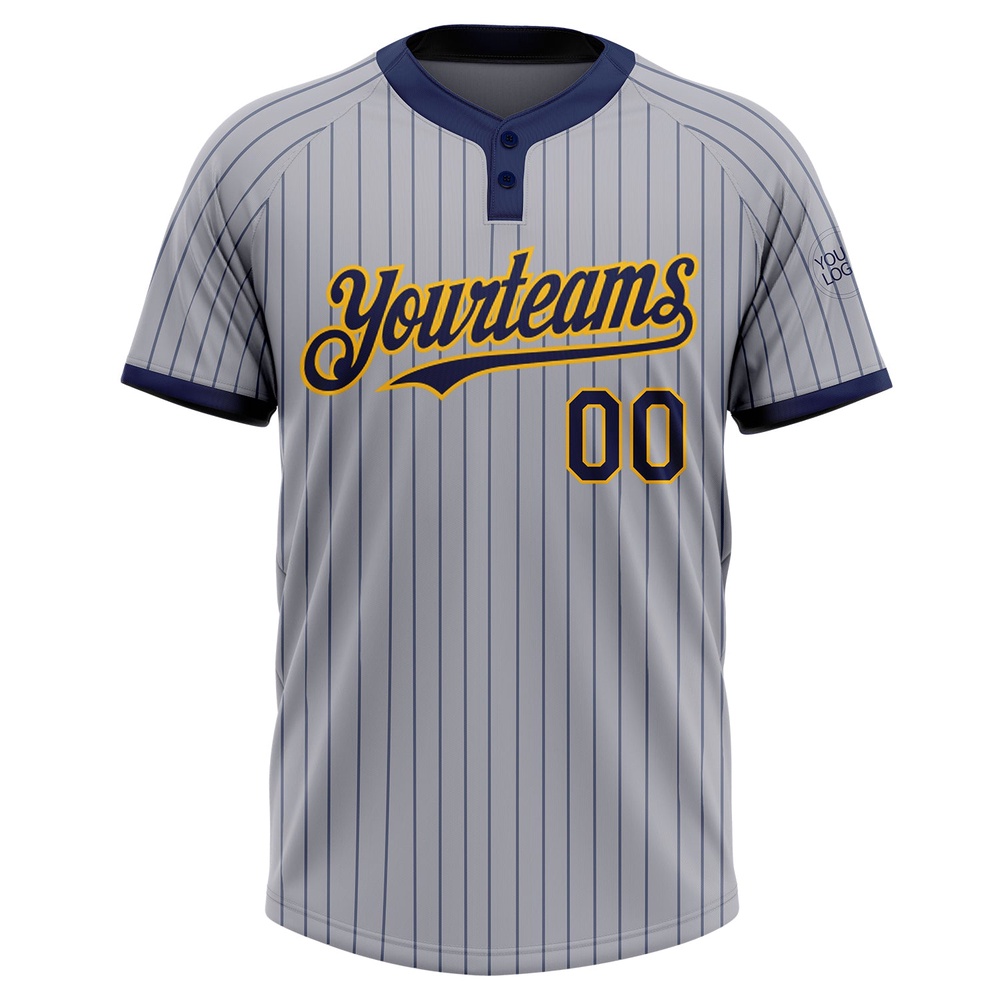 Gray Navy Pinstripe Gold Two Button Unisex Softball Jersey, Custom Team Softball Jersey Gray Navy Pinstripe Gold Two Button Unisex Softball Jersey, Custom Team Softball Jersey