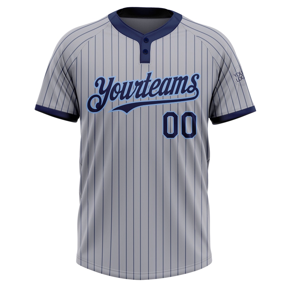 Gray Navy Pinstripe Light Blue Two Button Unisex Softball Jersey, Custom Team Softball Jersey Gray Navy Pinstripe Light Blue Two Button Unisex Softball Jersey, Custom Team Softball Jersey