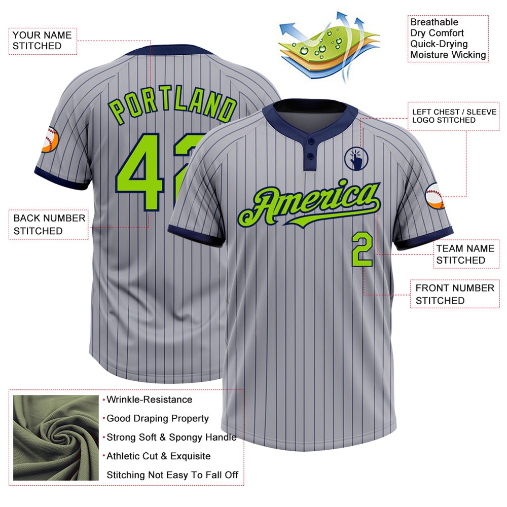 Gray Navy Pinstripe Neon Green Two Button Unisex Softball Jersey, Custom Team Softball Jersey Gray Navy Pinstripe Neon Green Two Button Unisex Softball Jersey, Custom Team Softball Jersey