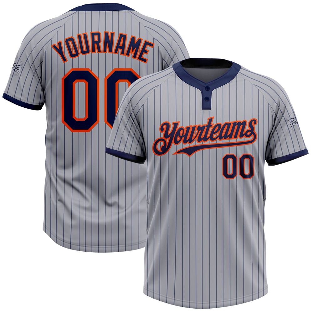 Gray Navy Pinstripe Orange Two Button Unisex Softball Jersey, Custom Team Softball Jersey Gray Navy Pinstripe Orange Two Button Unisex Softball Jersey, Custom Team Softball Jersey