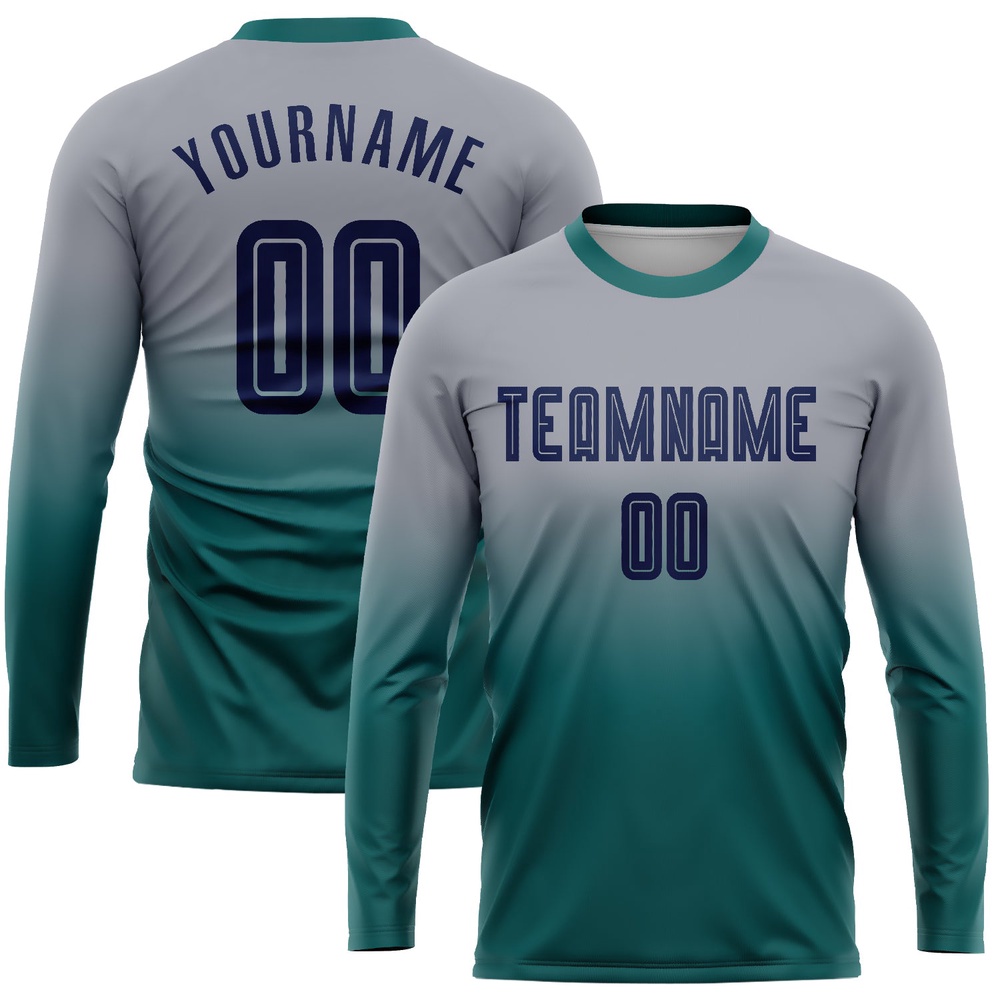Gray Navy Teal Sublimation Long Sleeve Fade Fashion Soccer Uniform Jersey, Custom Team Soccer Jersey Shirt