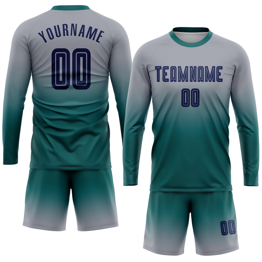 Gray Navy Teal Sublimation Long Sleeve Fade Fashion Soccer Uniform Jersey, Custom Team Soccer Jersey Shirt