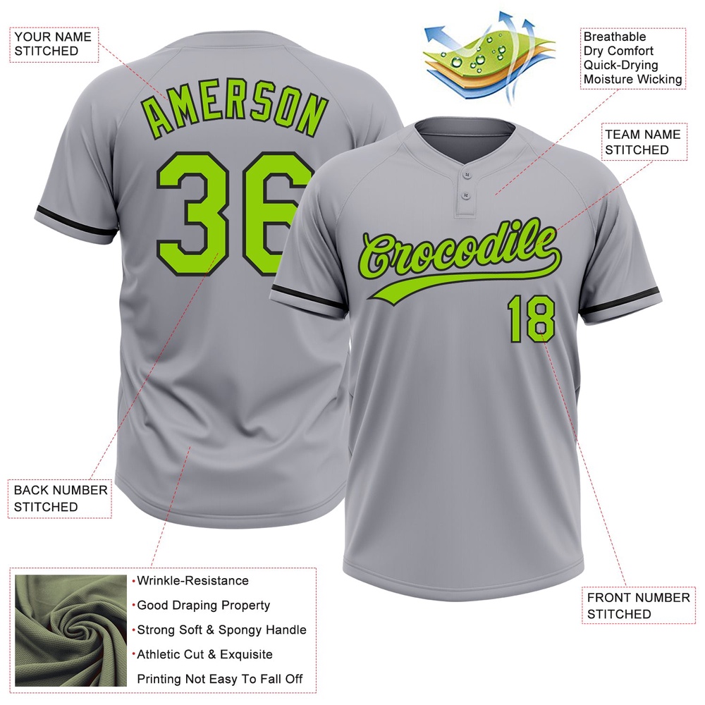 Gray Neon Green Black Two Button Unisex Softball Jersey, Custom Team Softball Jersey Gray Neon Green Black Two Button Unisex Softball Jersey, Custom Team Softball Jersey