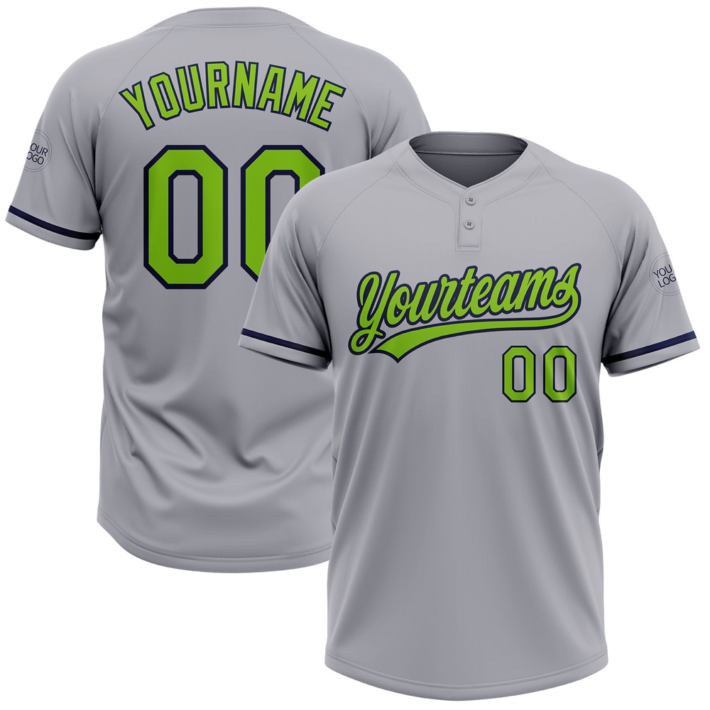 Gray Neon Green Navy Two Button Unisex Softball Jersey, Custom Team Softball Jersey Gray Neon Green Navy Two Button Unisex Softball Jersey, Custom Team Softball Jersey