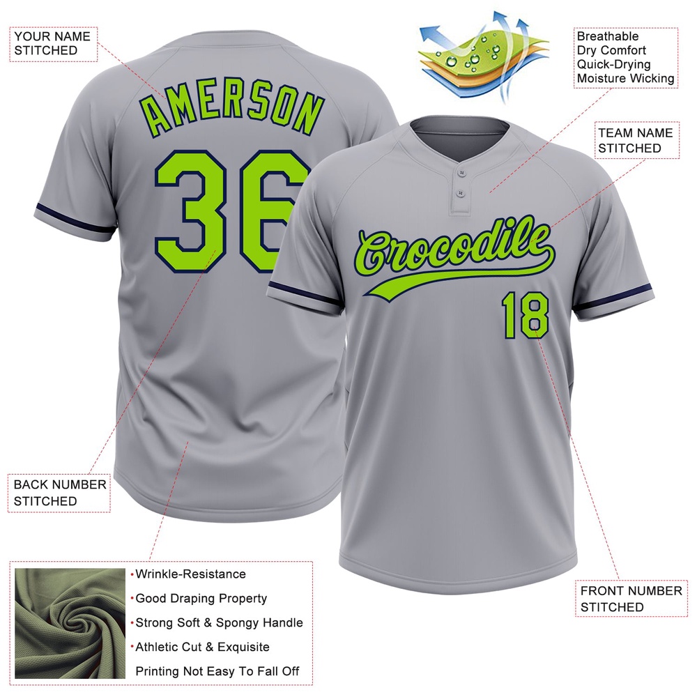 Gray Neon Green Navy Two Button Unisex Softball Jersey, Custom Team Softball Jersey Gray Neon Green Navy Two Button Unisex Softball Jersey, Custom Team Softball Jersey