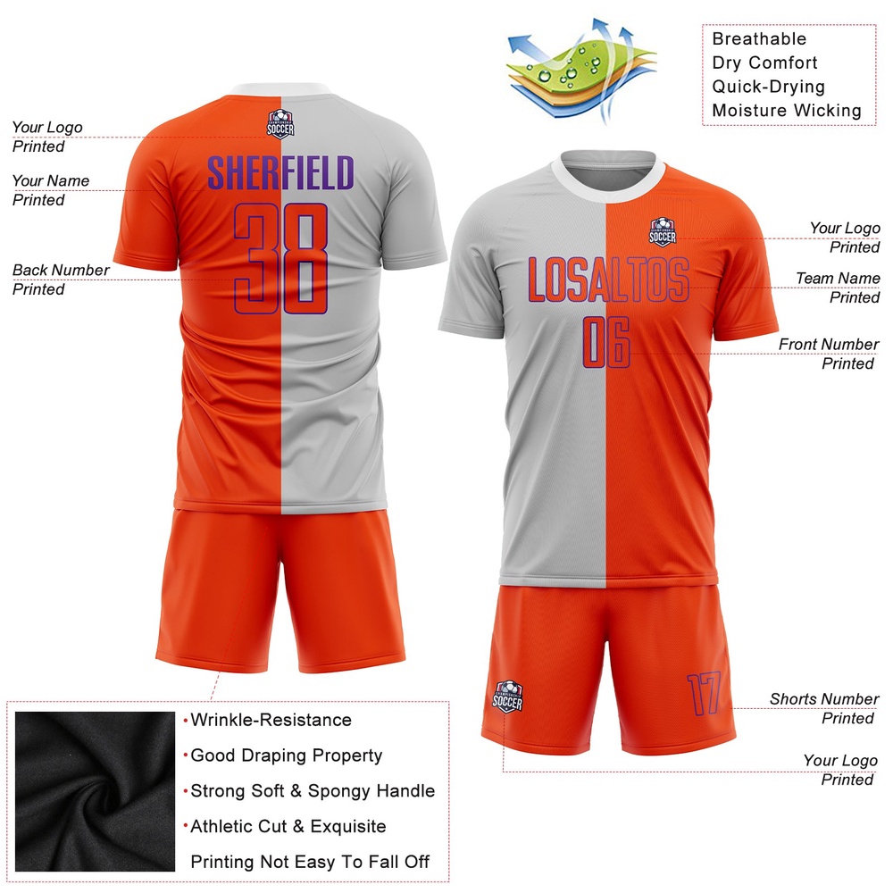 Gray Orange Purple Sublimation Split Fashion Soccer Uniform Jersey, Custom Team Soccer Jersey Shirt