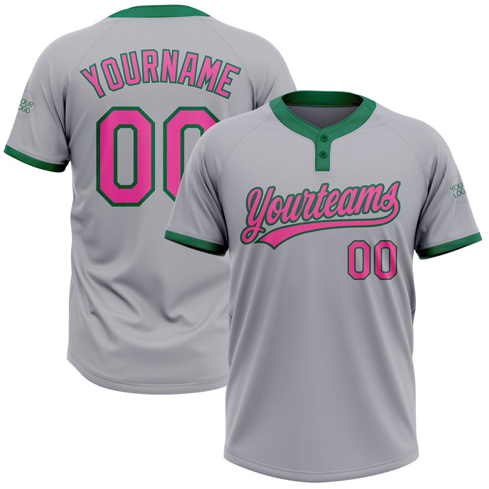 Gray Pink Kelly Green Two Button Unisex Softball Jersey, Custom Team Softball Jersey Gray Pink Kelly Green Two Button Unisex Softball Jersey, Custom Team Softball Jersey