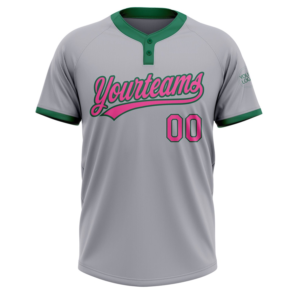 Gray Pink Kelly Green Two Button Unisex Softball Jersey, Custom Team Softball Jersey Gray Pink Kelly Green Two Button Unisex Softball Jersey, Custom Team Softball Jersey