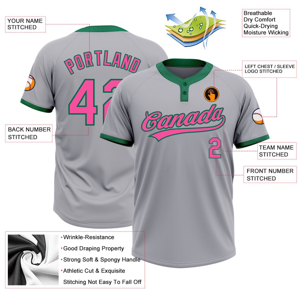 Gray Pink Kelly Green Two Button Unisex Softball Jersey, Custom Team Softball Jersey Gray Pink Kelly Green Two Button Unisex Softball Jersey, Custom Team Softball Jersey