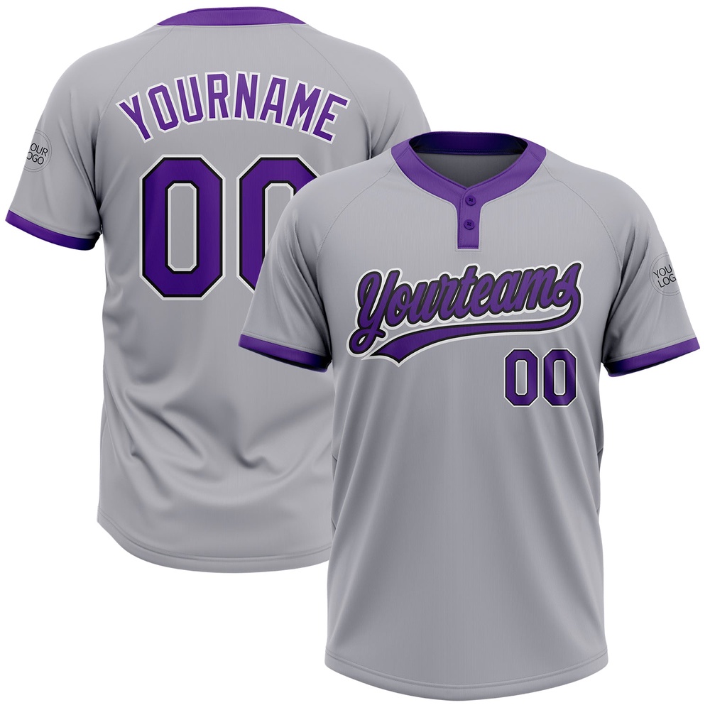 Gray Purple Black Two Button Unisex Softball Jersey, Custom Team Softball Jersey Gray Purple Black Two Button Unisex Softball Jersey, Custom Team Softball Jersey