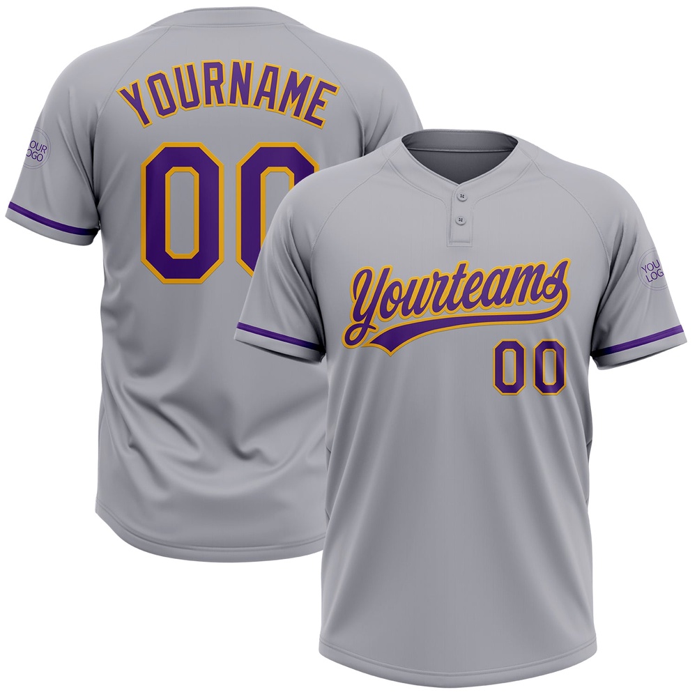 Gray Purple Gold Two Button Unisex Softball Jersey, Custom Team Softball Jersey Gray Purple Gold Two Button Unisex Softball Jersey, Custom Team Softball Jersey
