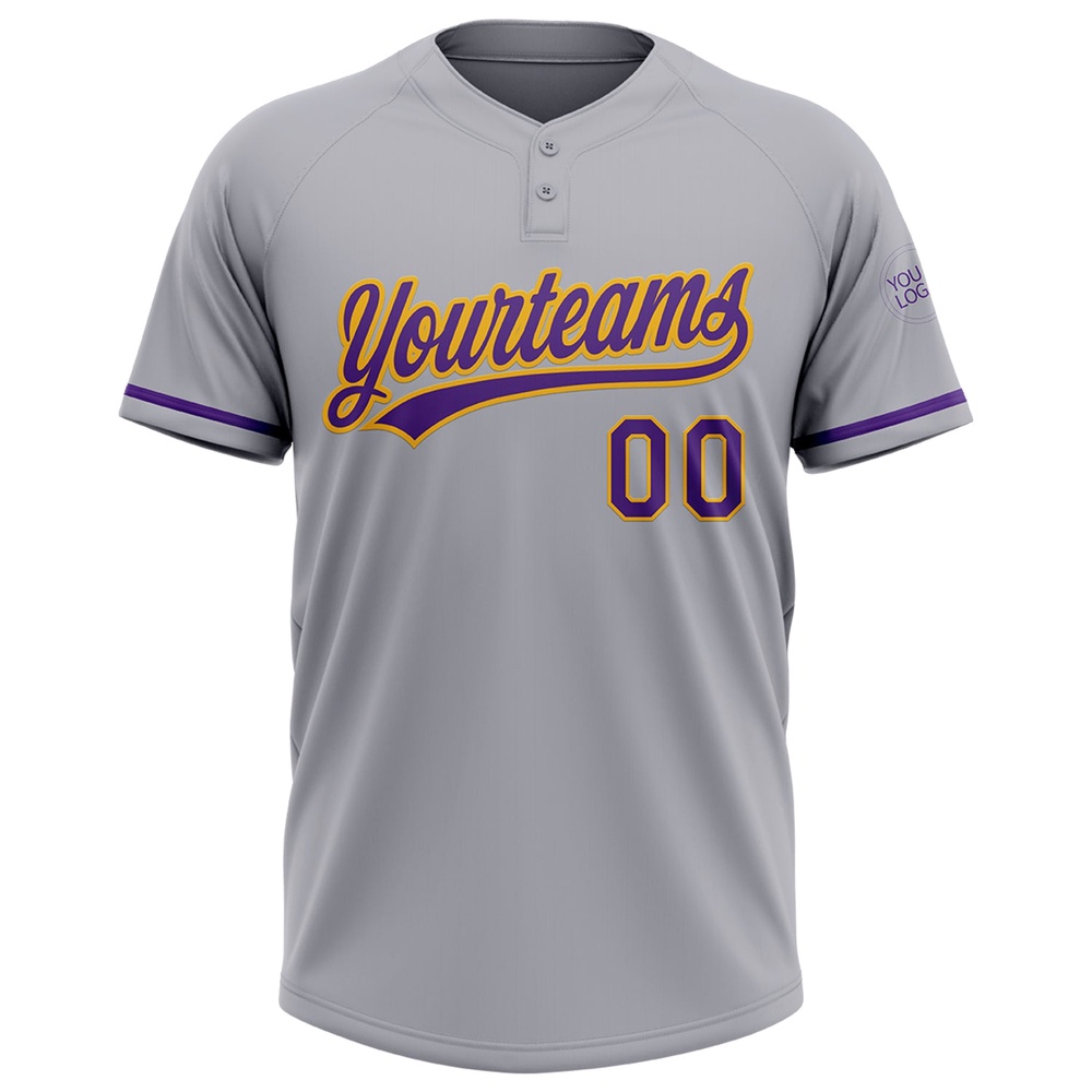Gray Purple Gold Two Button Unisex Softball Jersey, Custom Team Softball Jersey Gray Purple Gold Two Button Unisex Softball Jersey, Custom Team Softball Jersey